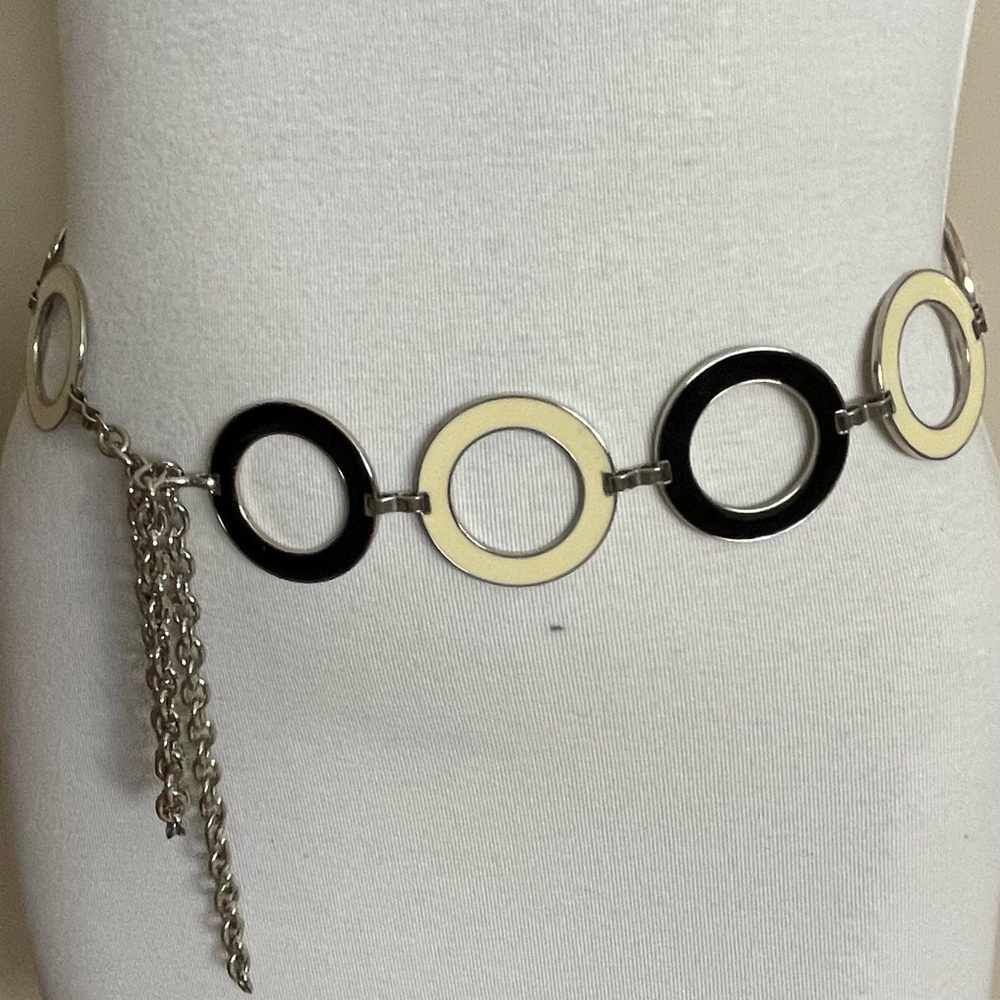 Women's VINTAGE 60s STYLE Black & White CIRCLE LINK Chain METAL Hip BELT